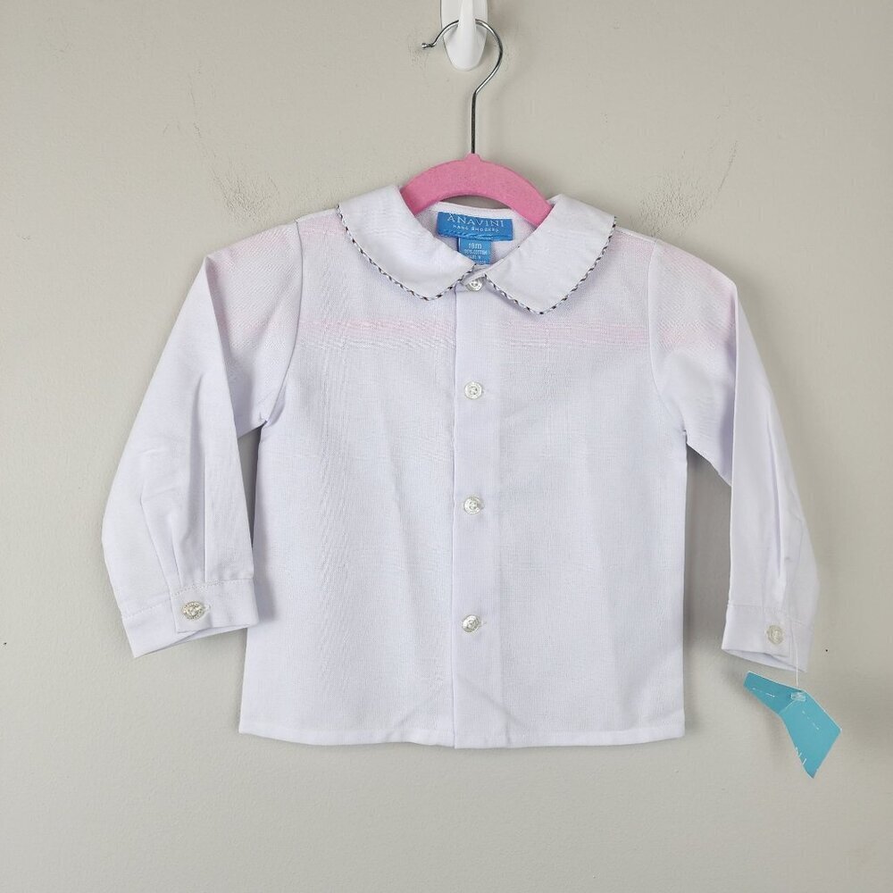 Anavini sz 18 months boy dress button down white shirt blue brown plaid trim